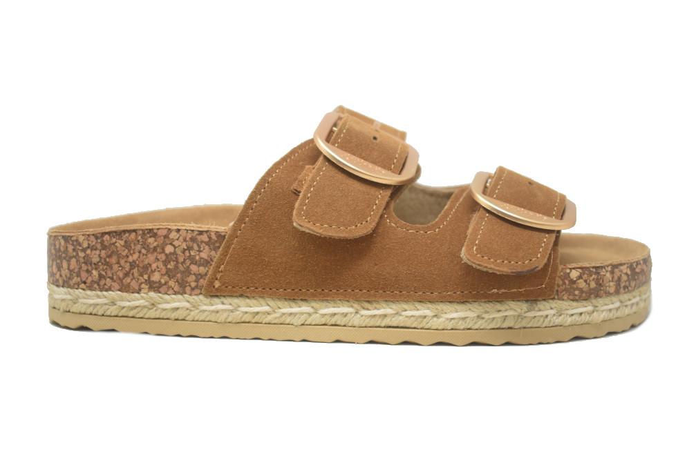 Sandalias doble suela Isteria 1012 camel de Piel para mujer| Sandalias Planas Bio con Hebilla