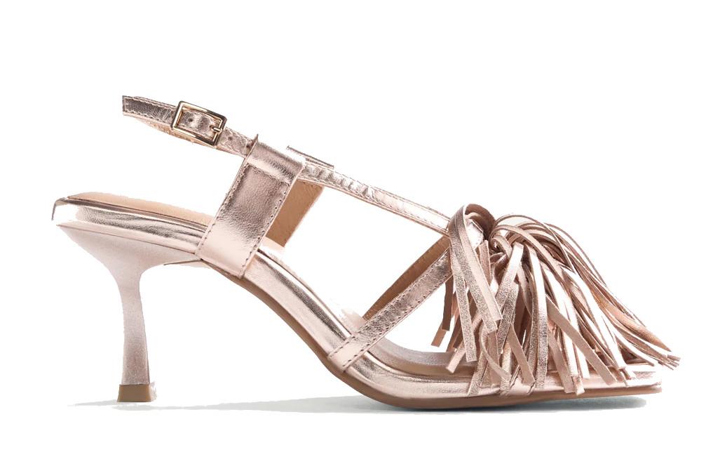 Sandalias de tacón fino de piel Gioseppo Lukac 79017 oro con flecos – Sandalias de fiesta