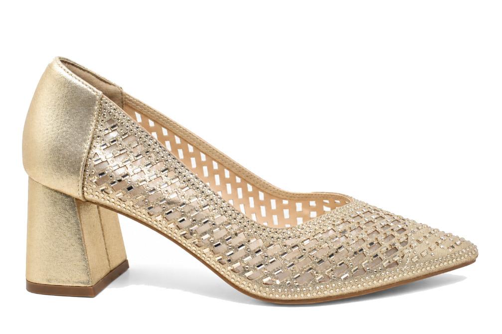 Zapatos de fiesta mujer Menbur AM72195 – Zapatos dorados elegantes con tacón medio ancho y diseño troquelado