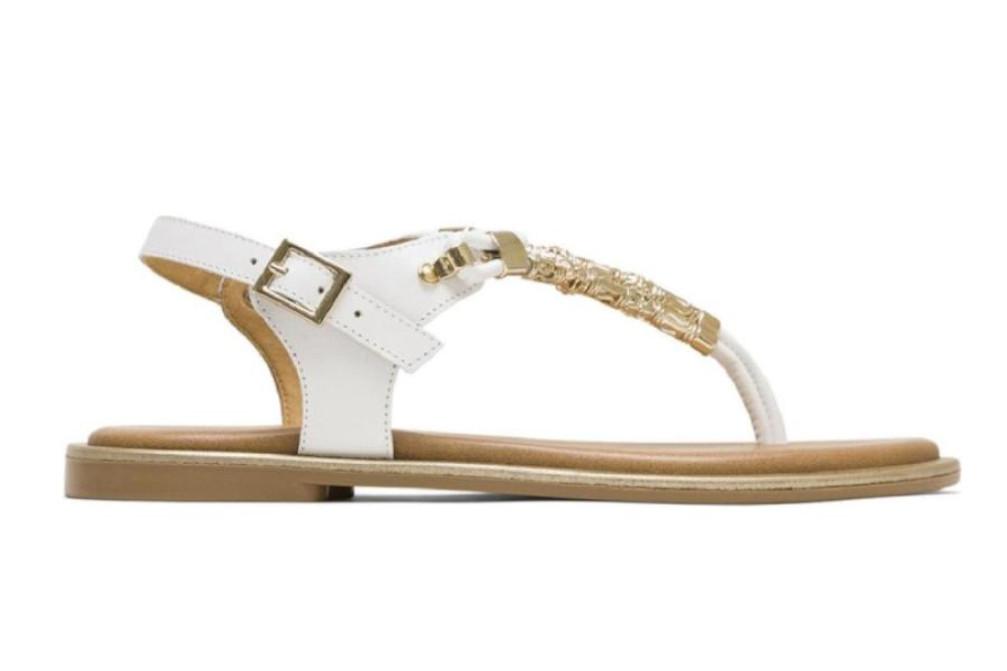Sandalias Planas Porronet Ada Mujer Piel Blanco – Esclavas con Abalorios Metálicos Hechas en España