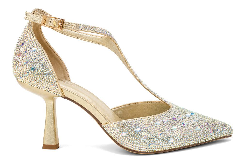 Zapatos de tacón Menbur AM714 – Zapatos de fiesta oro con pedrería de strass y tacón medio elegante para mujer