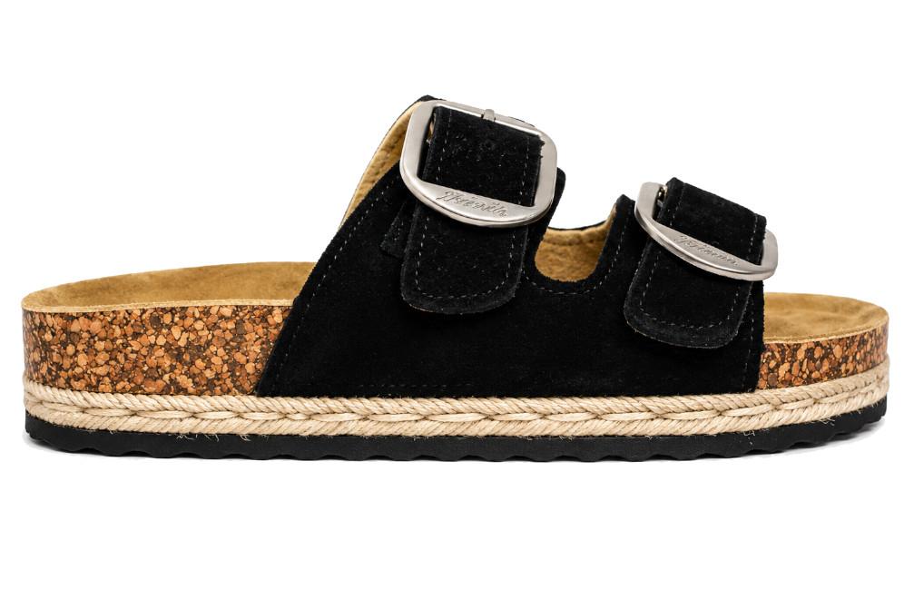 Sandalias doble suela Isteria 1012 negro de Piel para mujer| Sandalias Planas Bio con Hebilla