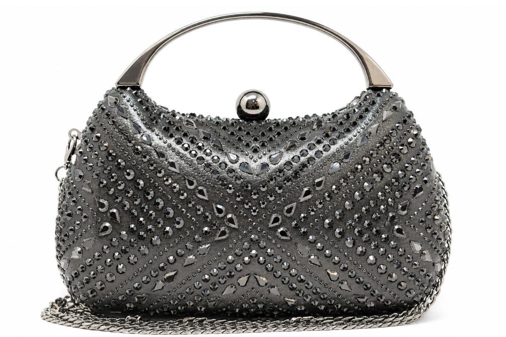 Bolso de Fiesta Menbur AMB10001 Negro con Cristales, Asa Rígida y Cadena para Mujer