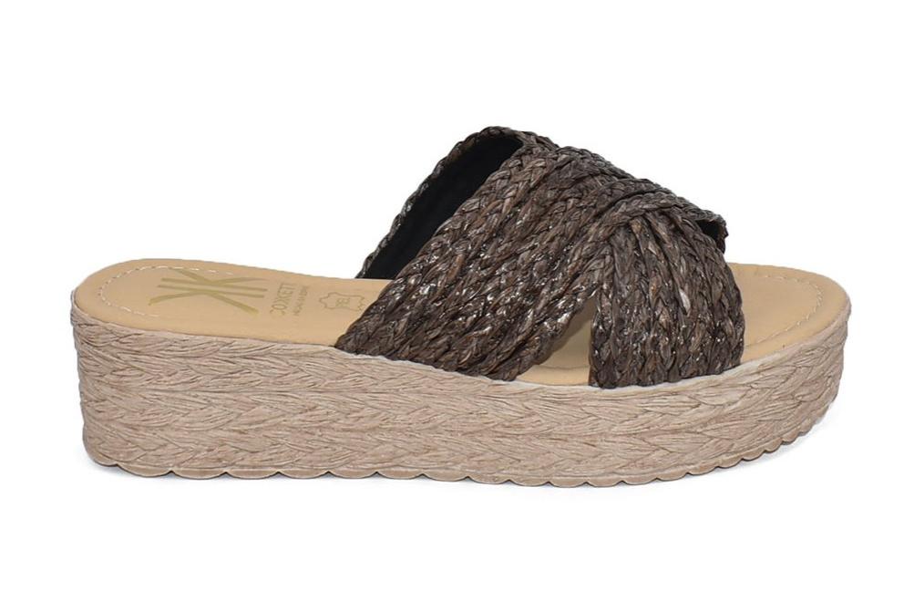 Sandalias Mule Cokketa 330 marrón Mujer | Pala Cruzada de Rafia con Plataforma y Plantilla Gel