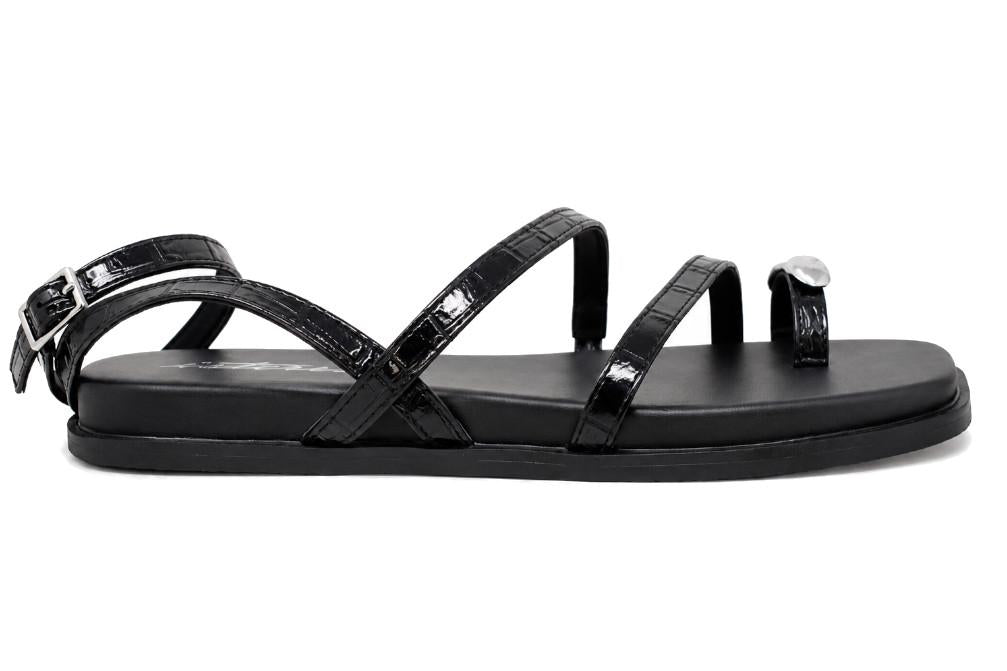 Sandalias Planas Romanas Mujer ISTERIA 1167 Negro Efecto Coco – Sandalias de Dedo Elegantes para Verano