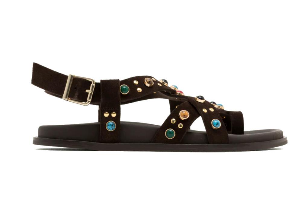 Sandalia plana de piel Porronet HAZEL 3295 moka– Sandalia cómoda con pedrería hecha en España