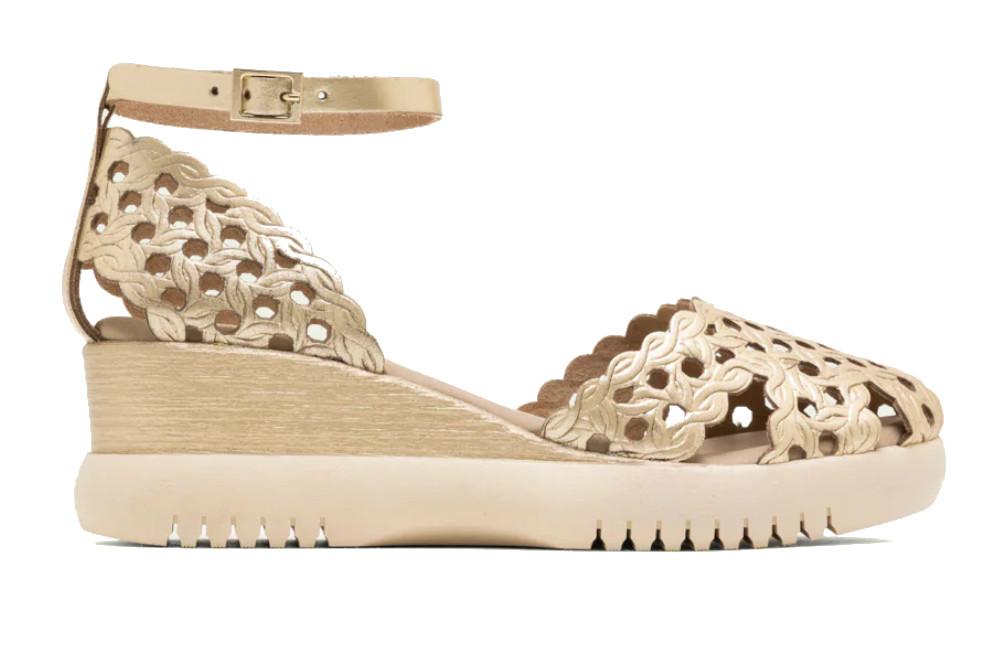 Sandalia de cuña de piel trenzada Porroent 3263 EVA oro – Bailarina con cuña metalizada cómoda hecha en España