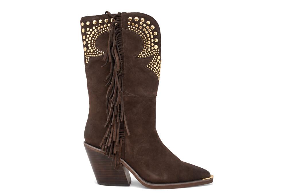 Botas cowboy de piel Alma en Pena I260716 café con flecos y tachas
