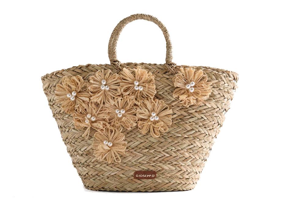 Bolso Capazo Gioseppo Roseau 78146 Natural Efecto Rafia con Flores para Mujer