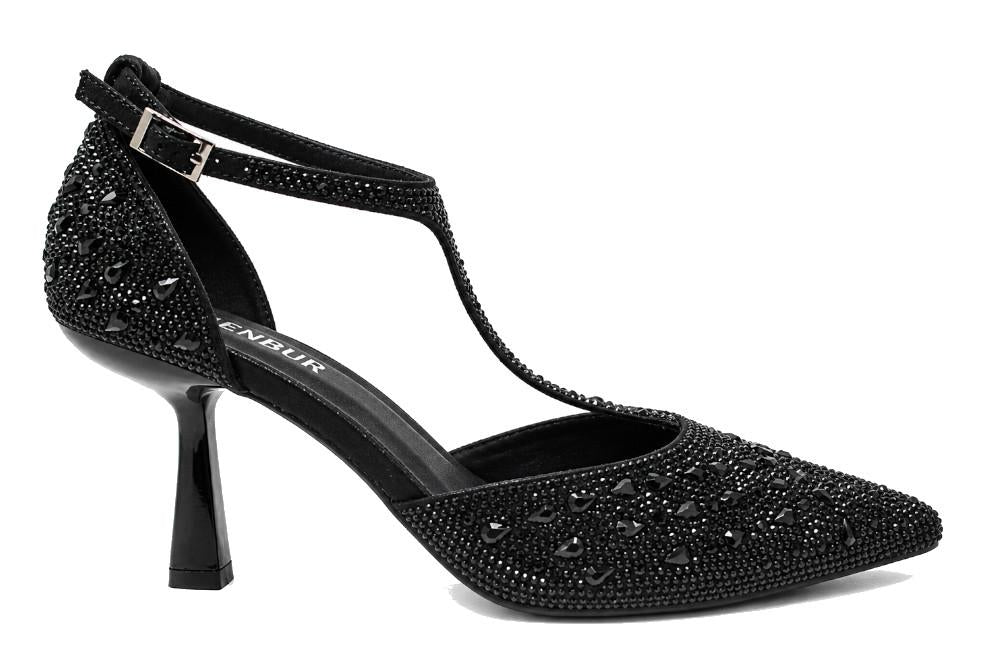 Zapatos de tacón Menbur AM714 – Zapatos de fiesta negros con pedrería de strass y tacón medio elegante para mujer