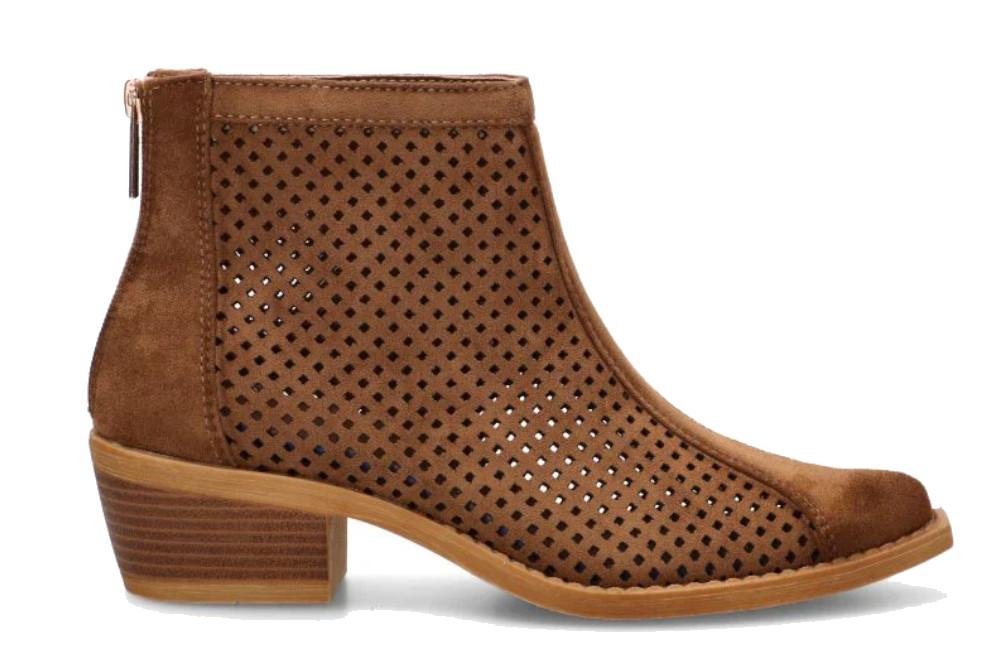 Botín calado para ETIKA Prome 31129 camel con tacón medio cómodo y cremallera lateral- Botín cowboy de verano