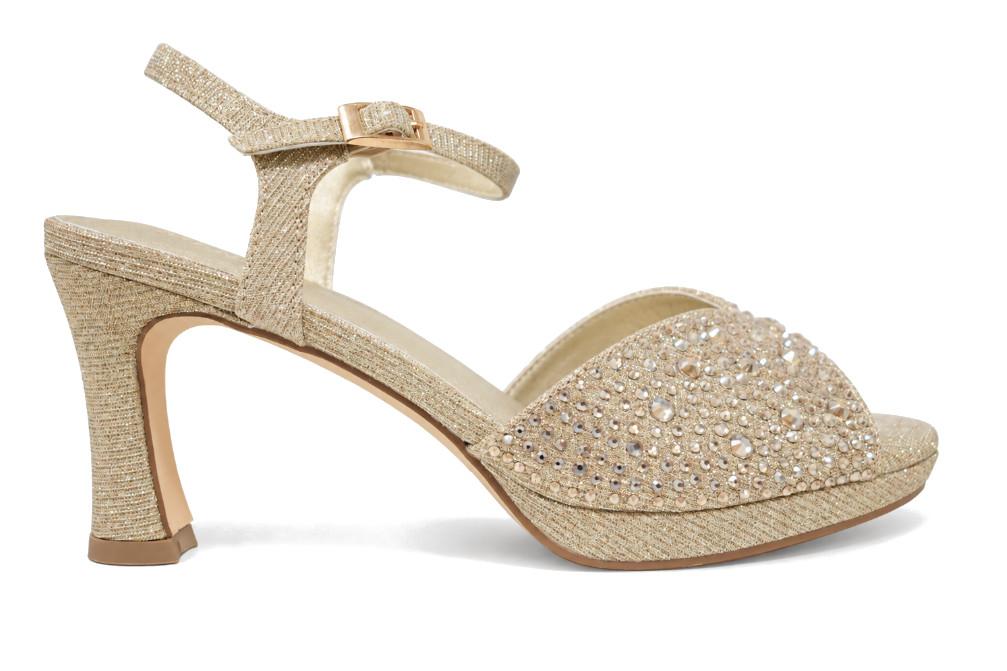 Sandalias coon tacón de fiesta Menbur BM771 oro con pedrería