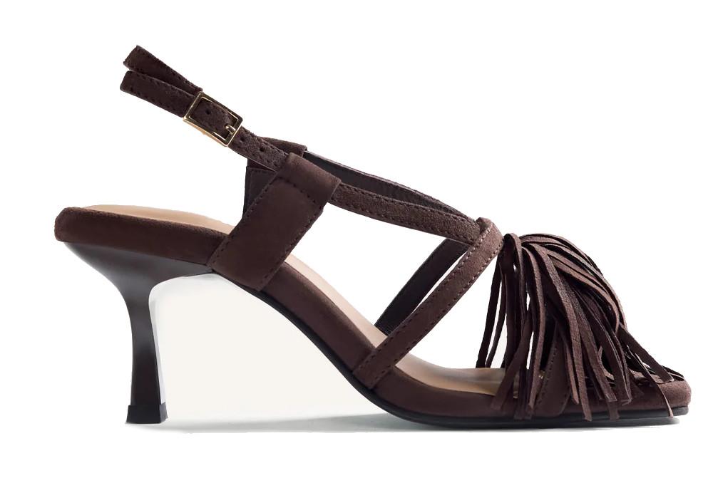 Sandalias de tacón fino de piel Gioseppo Lukac 79017 marrón con flecos – Sandalias de fiesta