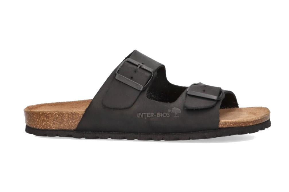 Sandalia Bio Interbios 9560 Negro para Hombre | Sandalias de Piel con Hebilla y Suela Plana