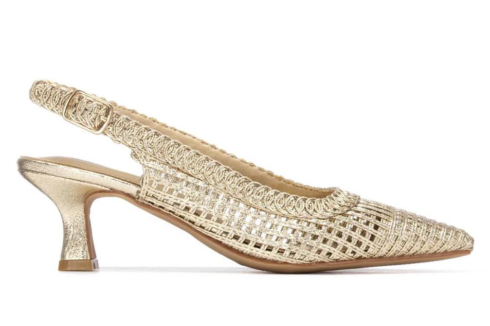 Zapatos de fiesta XTI 145432 Oro – Salón Destalonado Trenzado con Tacón Fino 6 cm y Hebilla Vegano