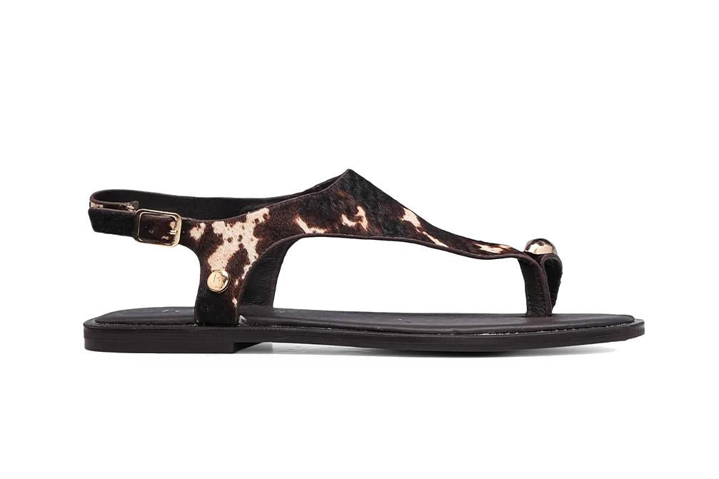 Sandalia plana de dedo animal print TOP3 SF1692 para mujer | Piel marrón con tacón bajo