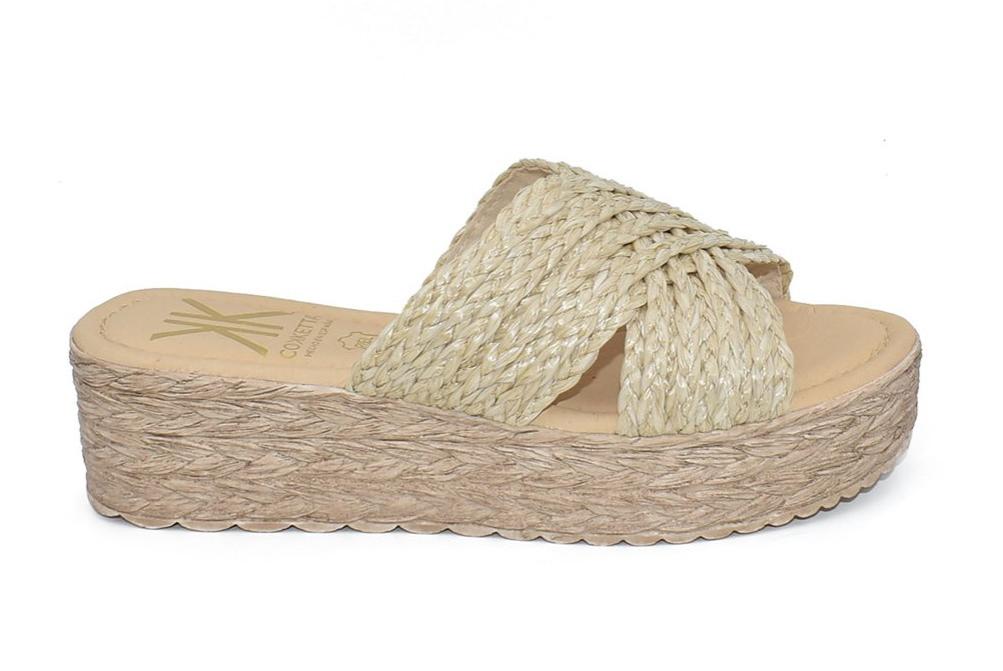 Sandalias Mule Cokketa 330 Beige Mujer | Pala Cruzada de Rafia con Plataforma y Plantilla Gel