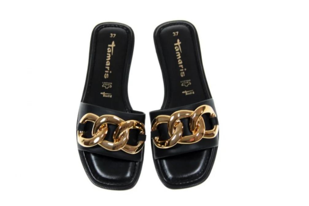 Sandalias Planas de Pala Tamaris 27119TA Negras para Mujer | Piel Natural y Plantilla Confort