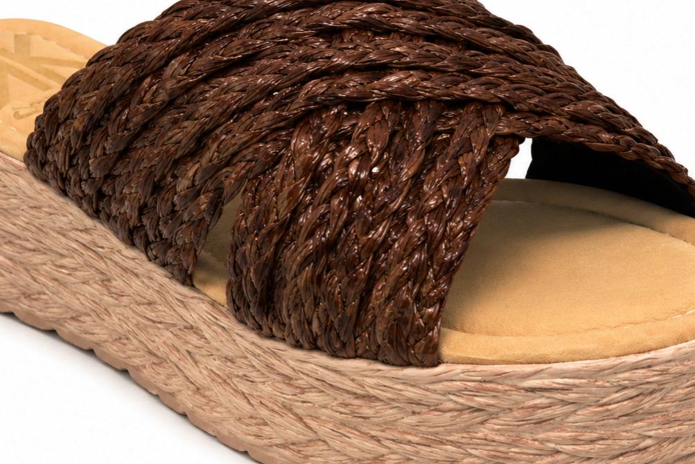 Sandalias Mule Cokketa 330 marrón Mujer | Pala Cruzada de Rafia con Plataforma y Plantilla Gel