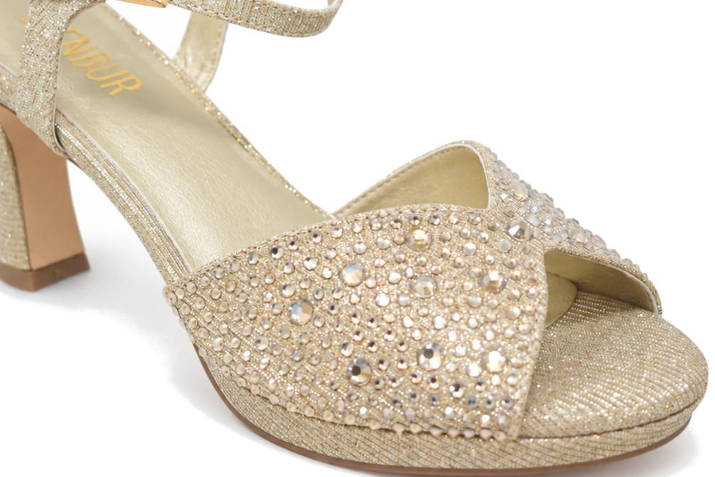 Sandalias coon tacón de fiesta Menbur BM771 oro con pedrería