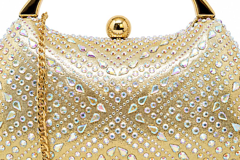 Bolso de Fiesta Menbur AMB1000 en oro con Cristales, Asa Rígida y Cadena para Mujer