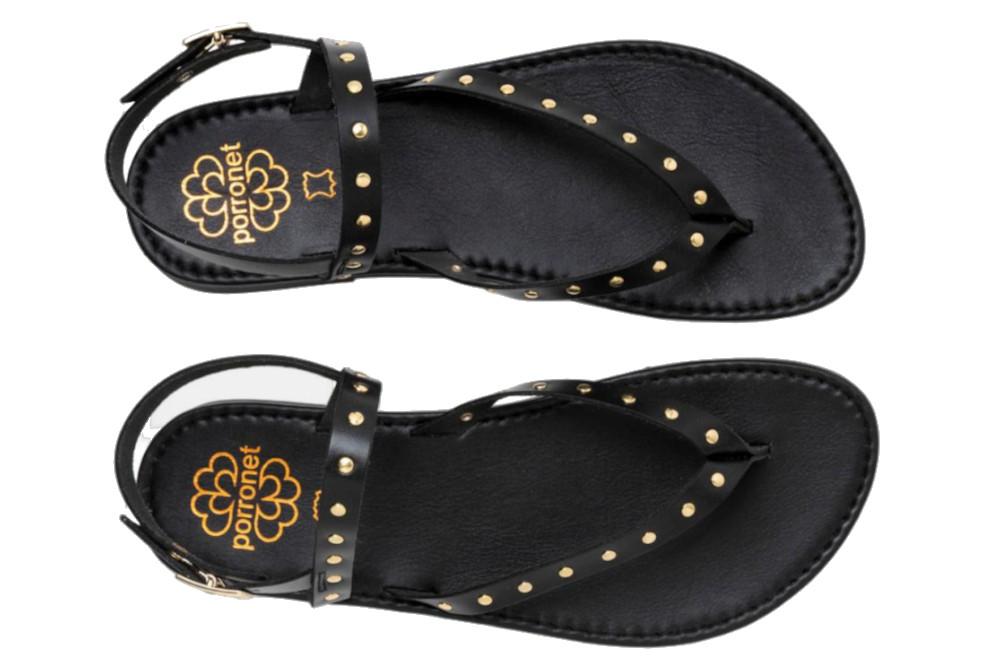 Sandalias Planas Porronet Alessandra Mujer Piel Negro – Estilo Romano con Tachuelas Metálicas
