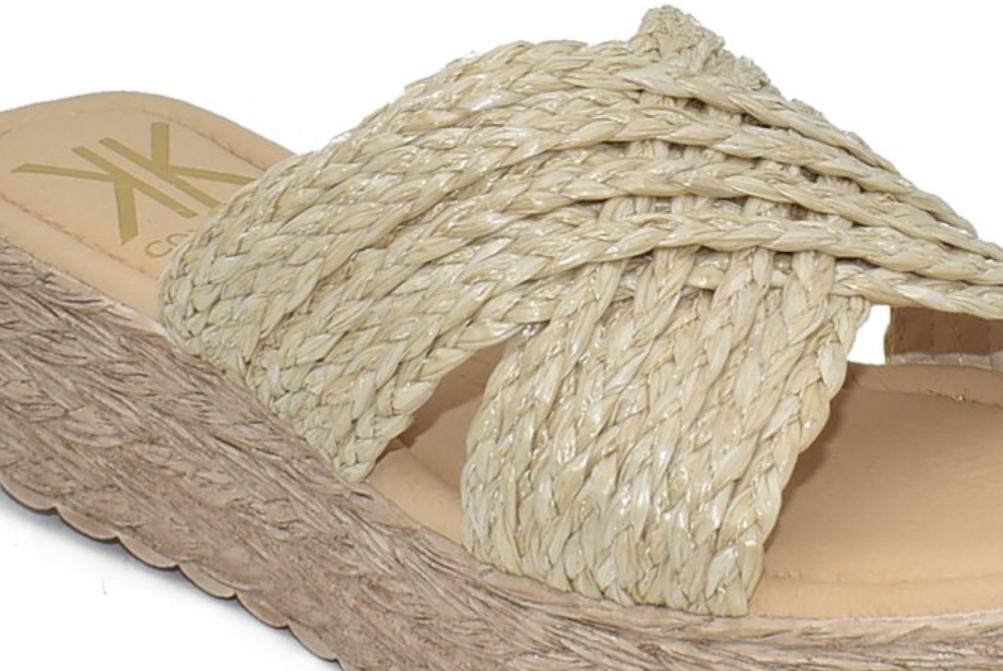Sandalias Mule Cokketa 330 Beige Mujer | Pala Cruzada de Rafia con Plataforma y Plantilla Gel