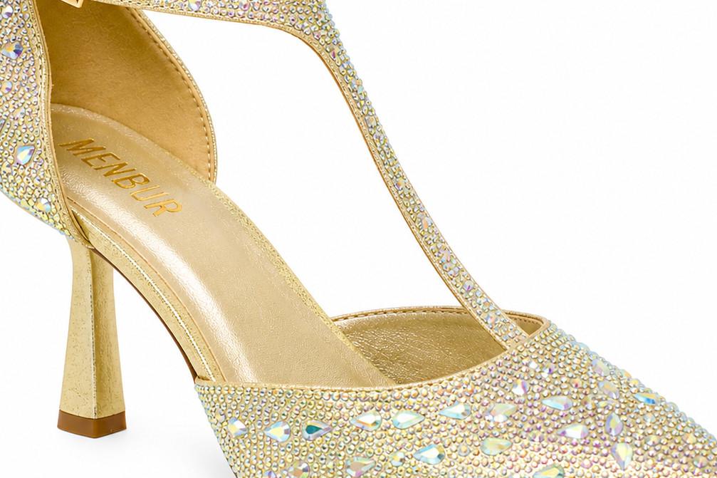 Zapatos de tacón Menbur AM714 – Zapatos de fiesta oro con pedrería de strass y tacón medio elegante para mujer