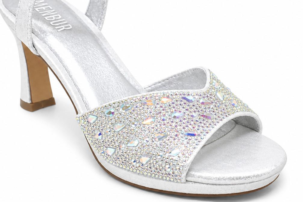 Sandalias de tacón Membur AM716 – Sandalias de fiesta color plata con pedrería y tacón medio elegante para mujer