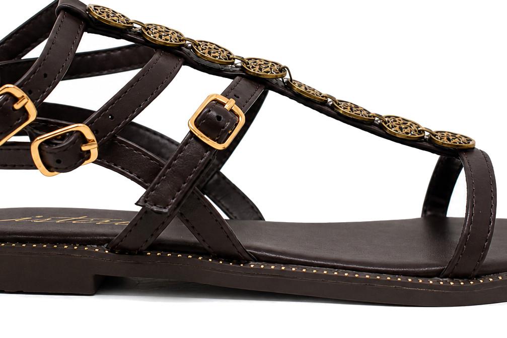 Sandalias Romanas Mujer ISTERIA 1179 Marrón | Sandalia Plana Vegana con Monedas Decorativas