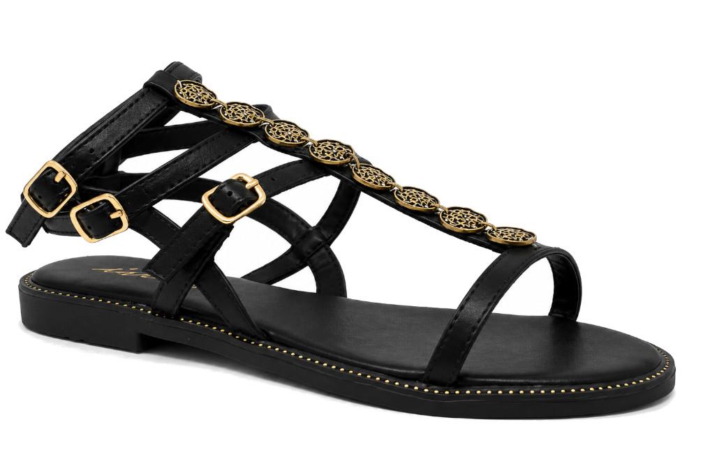 Sandalias Romanas Mujer ISTERIA 1179 negro| Sandalia Plana Vegana con Monedas Decorativas