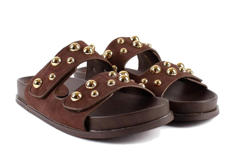 Sandalia bio de ante marrón TOP3 SF1651 para mujer | Con bolas doradas y plantilla anatómica