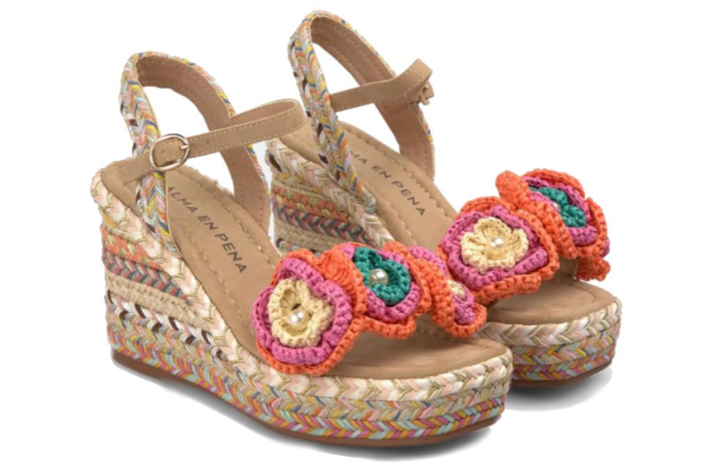 Sandalias con Cuña Alma en Pena V2651203 Siena de Esparto con Bordado Floral