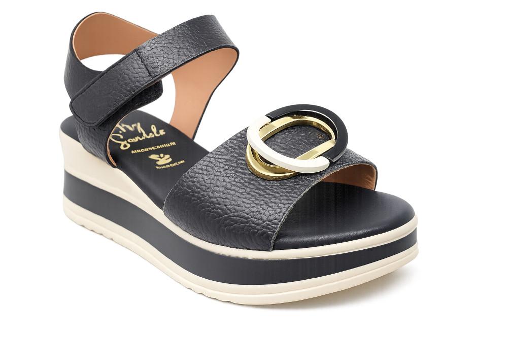 Sandalias de Piel Mujer Doya 5974 Negro – Cuña Baja, Plataforma y Cierre Ajustable