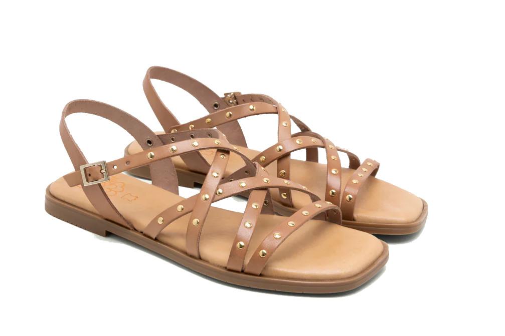 Sandalias Planas Porronet Blair Mujer Piel Taupe – Diseño con Tachuelas Doradas y Máximo Confort