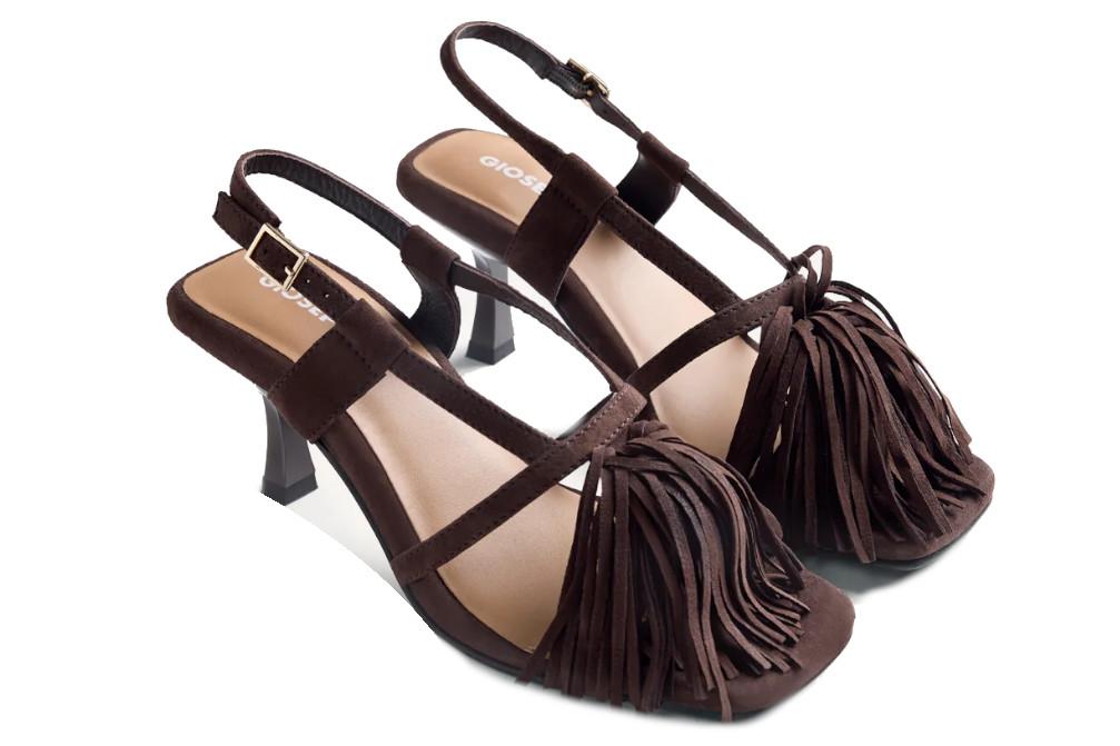 Sandalias de tacón fino de piel Gioseppo Lukac 79017 marrón con flecos – Sandalias de fiesta