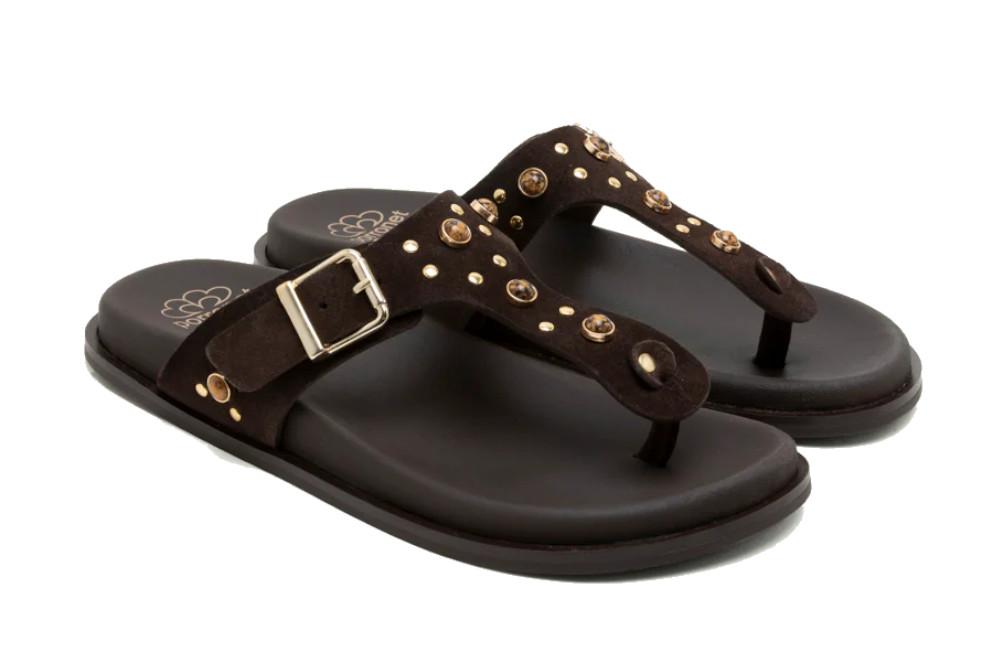 Sandalias de dedo planas Porronet HARPER moka 3294 – Sandalia cómoda con pedrería hecha en España