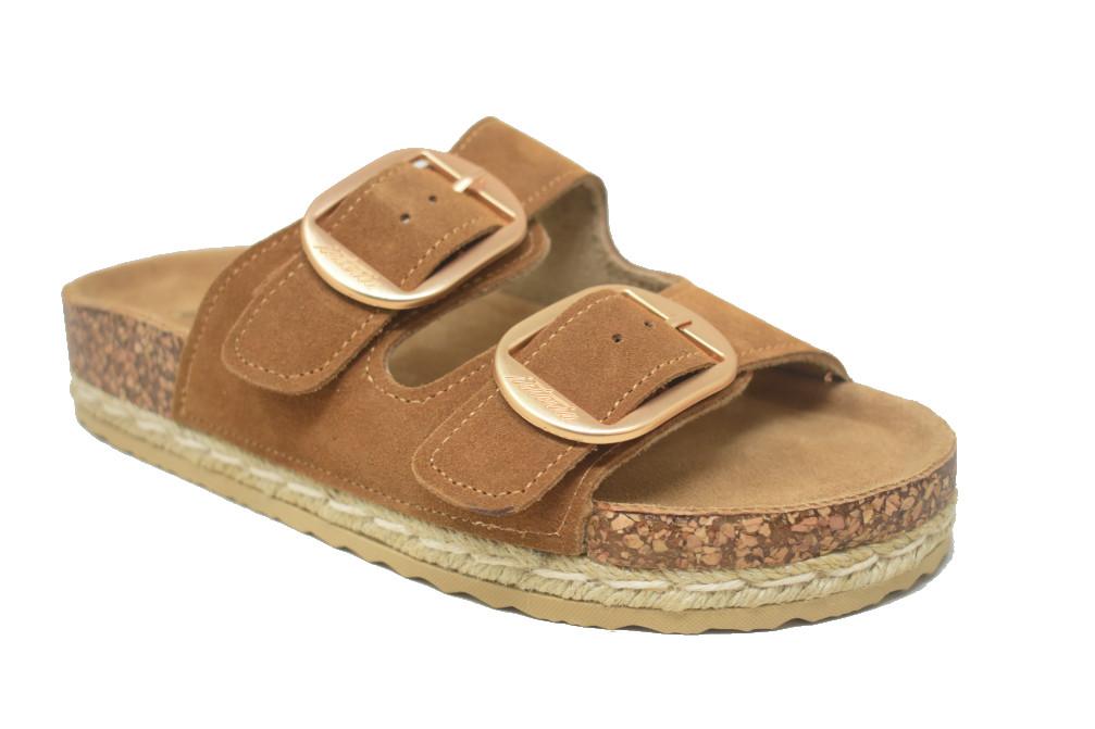 Sandalias doble suela Isteria 1012 camel de Piel para mujer| Sandalias Planas Bio con Hebilla