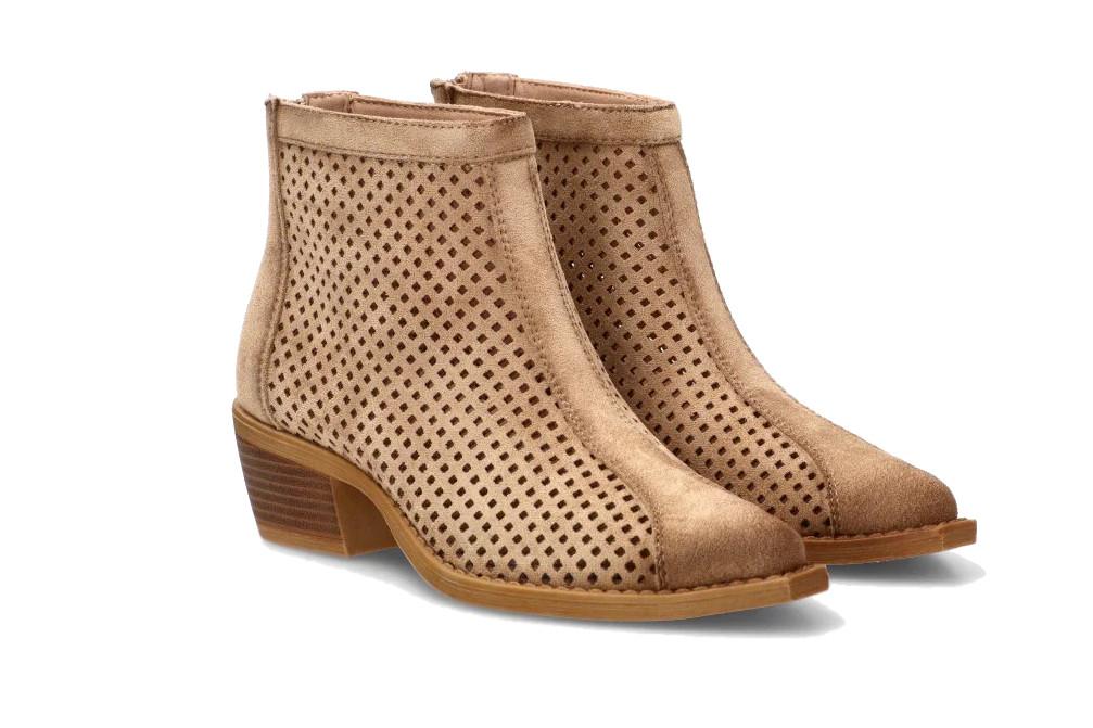 Botín calado para ETIKA Prome 31129 taupe con tacón medio cómodo y cremallera lateral- Botín cowboy de verano