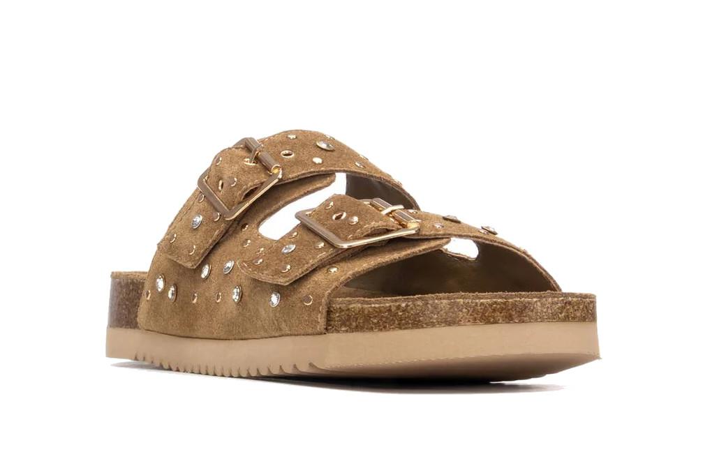 Sandalia Bio Plana Mujer Carmela 163282 Camel | Sandalia de Serraje con Hebillas y Suela Antideslizante
