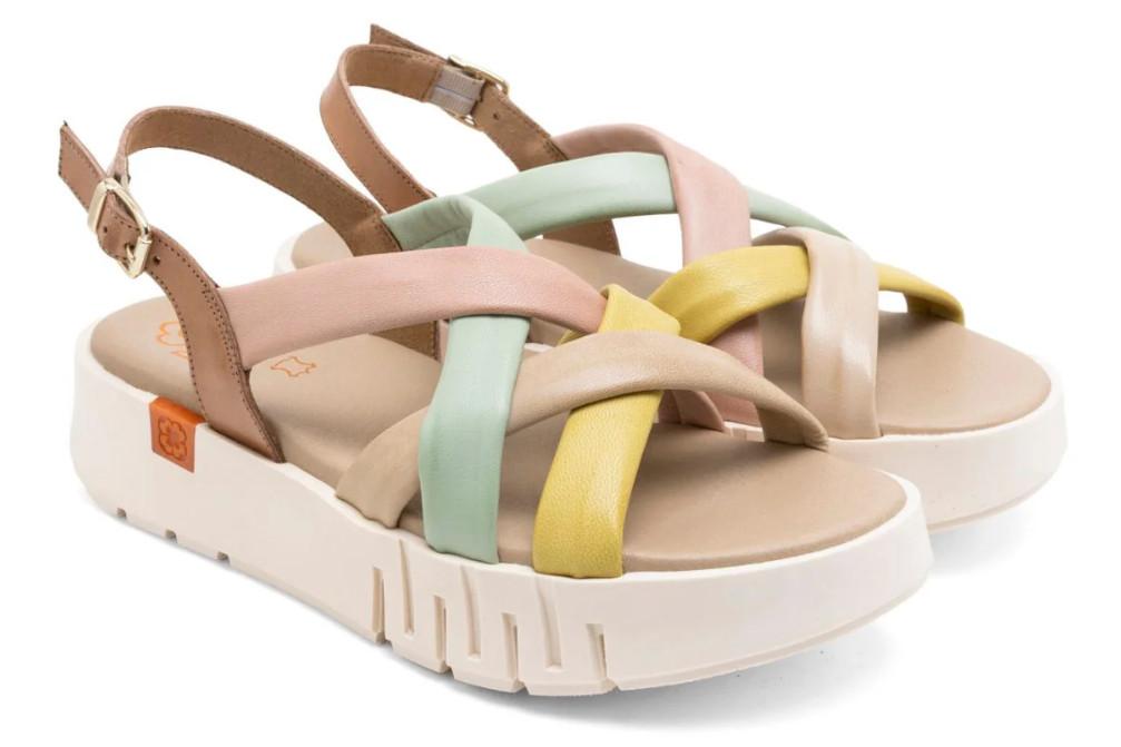 Sandalia de cuña de piel Porronet 3257 Daniela taupe multicolor con tiras y plataforma cómoda