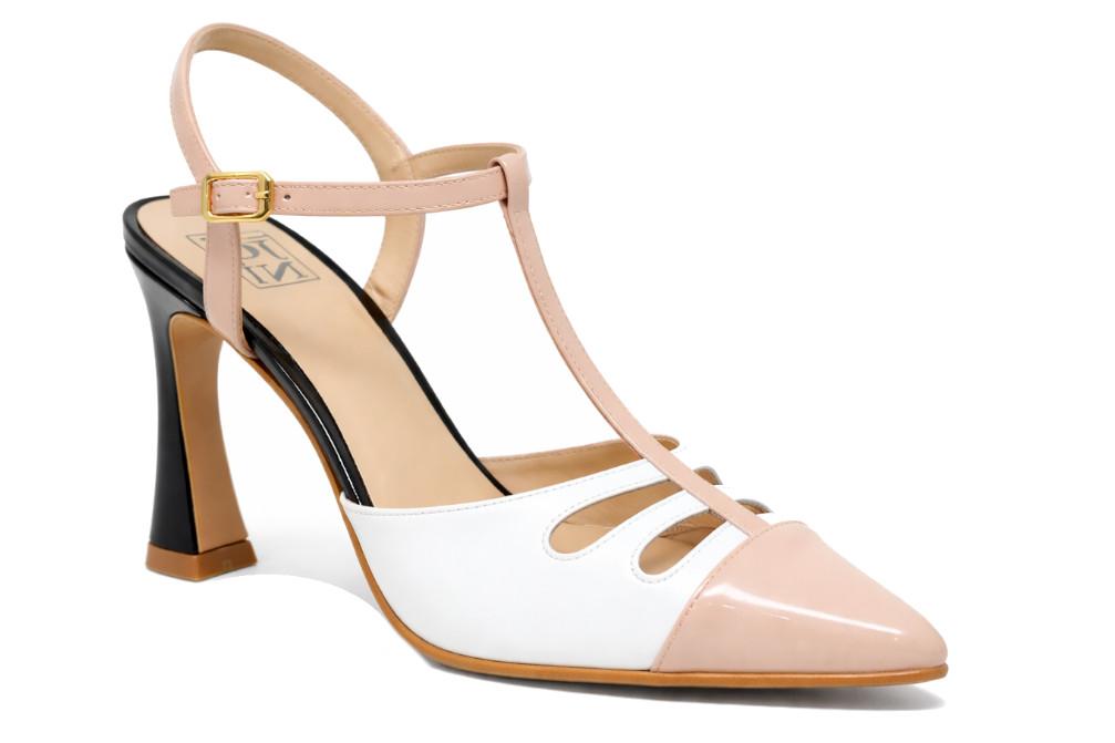 Zapatos de tacón Joni destalonados tira en T en napa blanca y charol nude | Tacón esculpido