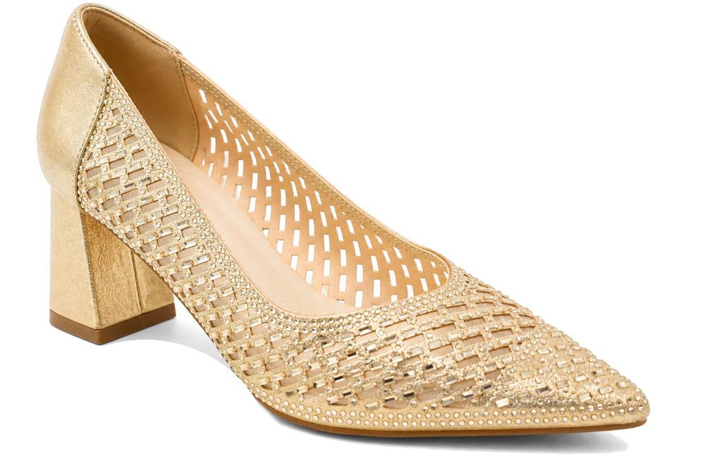 Zapatos de fiesta mujer Menbur AM72195 – Zapatos dorados elegantes con tacón medio ancho y diseño troquelado