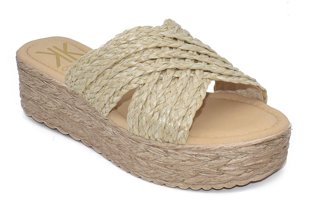 Sandalias Mule Cokketa 330 Beige Mujer | Pala Cruzada de Rafia con Plataforma y Plantilla Gel