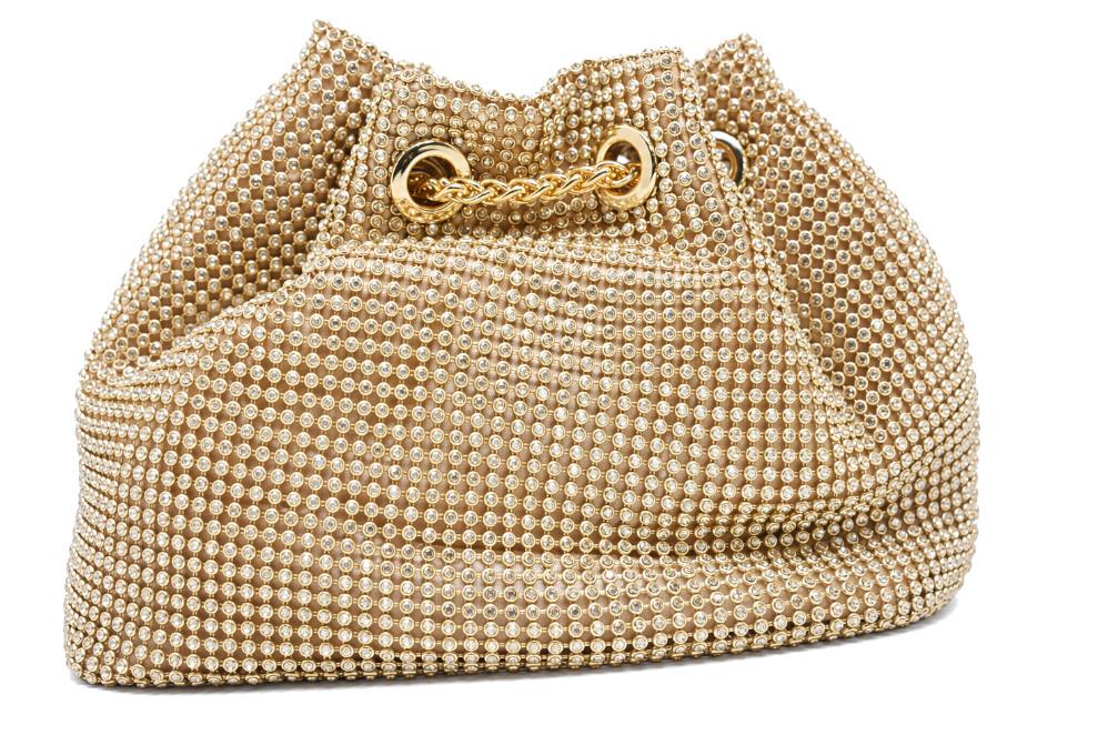Bolso de Fiesta Menbur AMB4200 Oro Tipo Saco con Strass y Cadena para Mujer