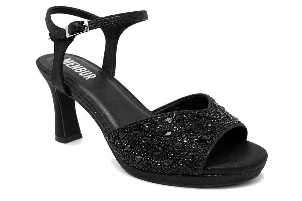Sandalias de tacón Menbur AM716 – Sandalias de fiesta negras con pedrería y tacón medio elegante para mujer