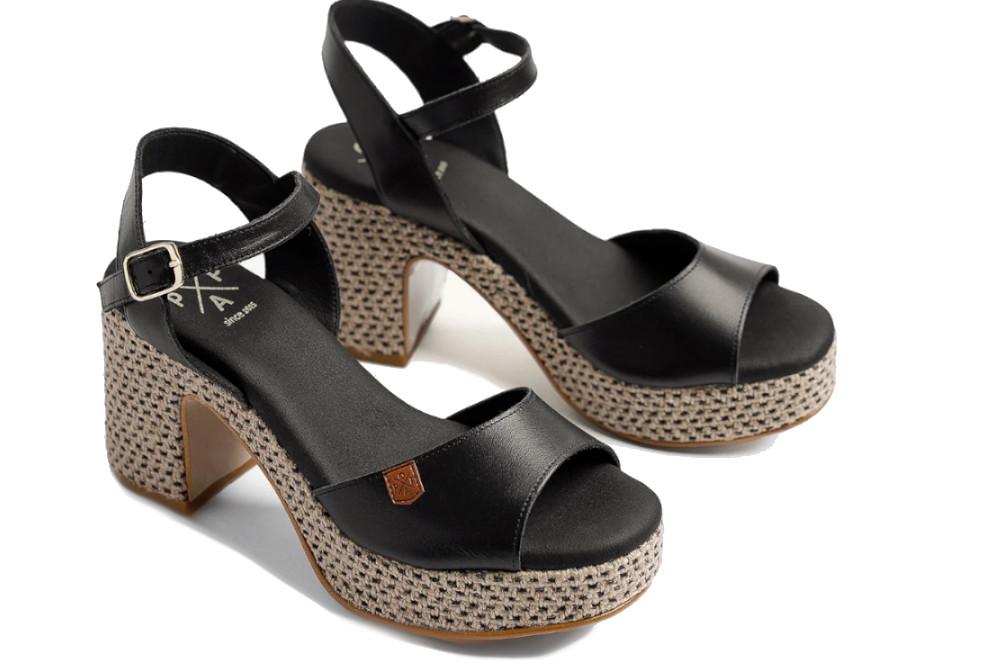 Sandalias de tacón de yute Daira de Piel Negro – Tacón Ancho Mujer