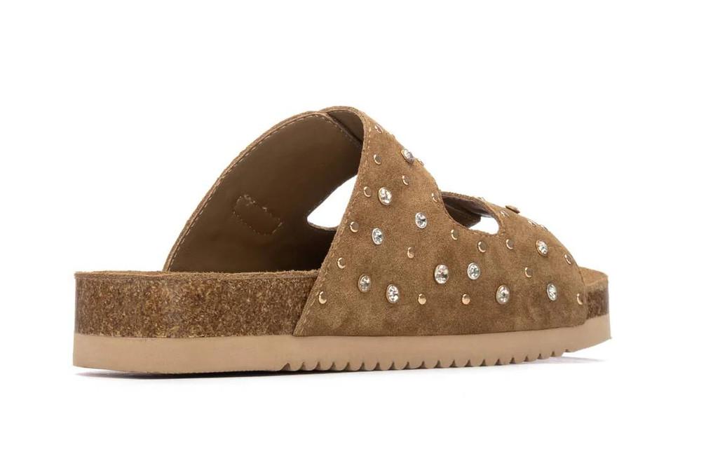 Sandalia Bio Plana Mujer Carmela 163282 Camel | Sandalia de Serraje con Hebillas y Suela Antideslizante