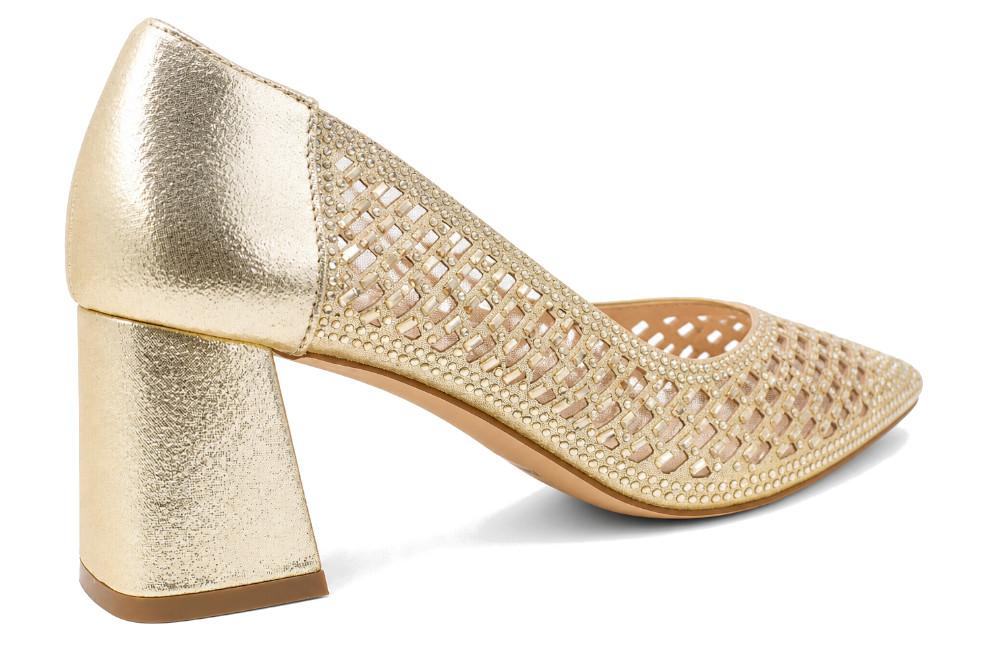 Zapatos de fiesta mujer Menbur AM72195 – Zapatos dorados elegantes con tacón medio ancho y diseño troquelado