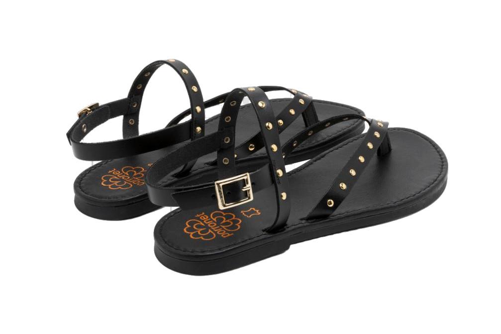 Sandalias Planas Porronet Alessandra Mujer Piel Negro – Estilo Romano con Tachuelas Metálicas